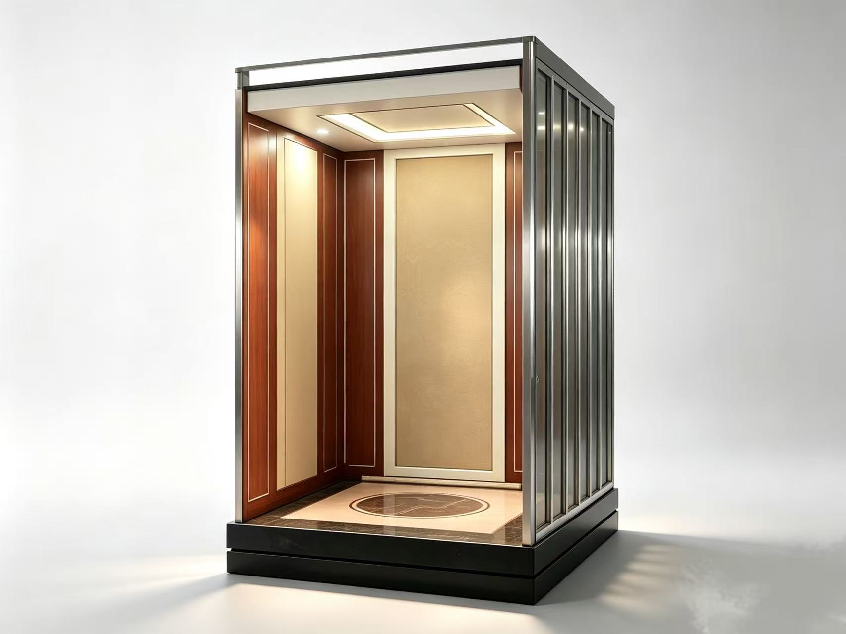 Wood and Gold Panoramic Elevator Cabin