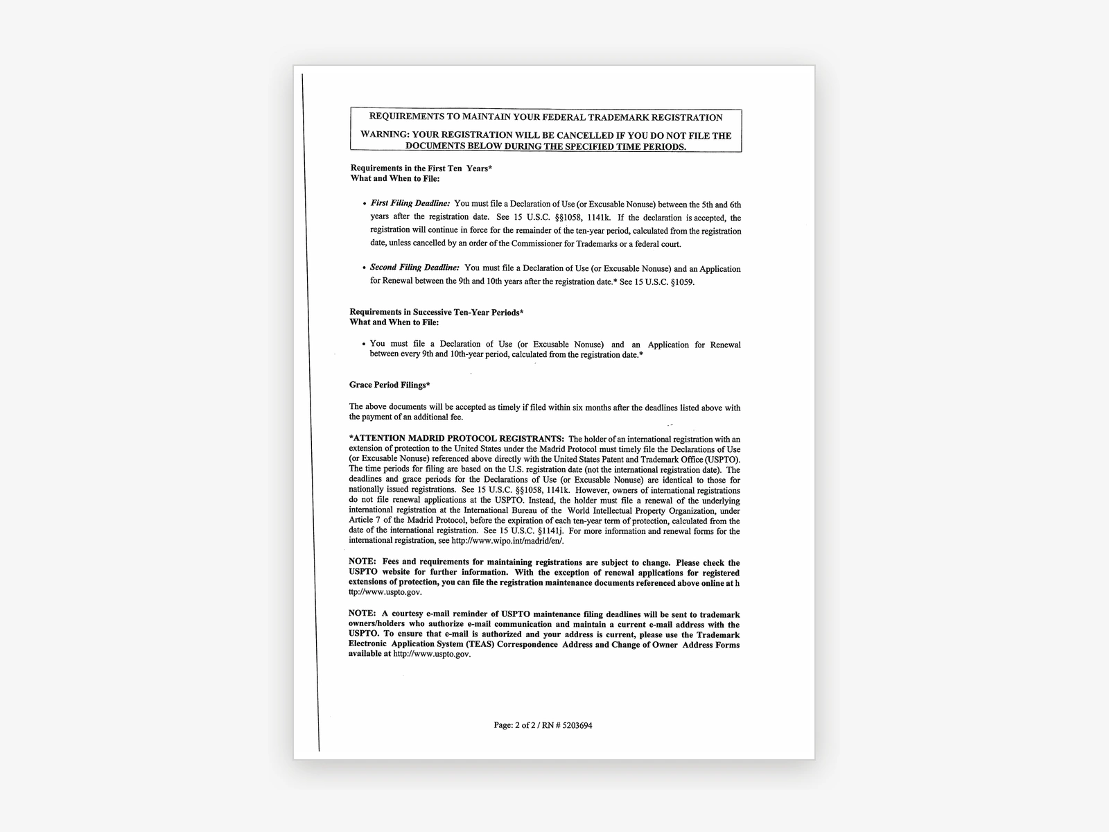 United States Patent Documentation – Page I