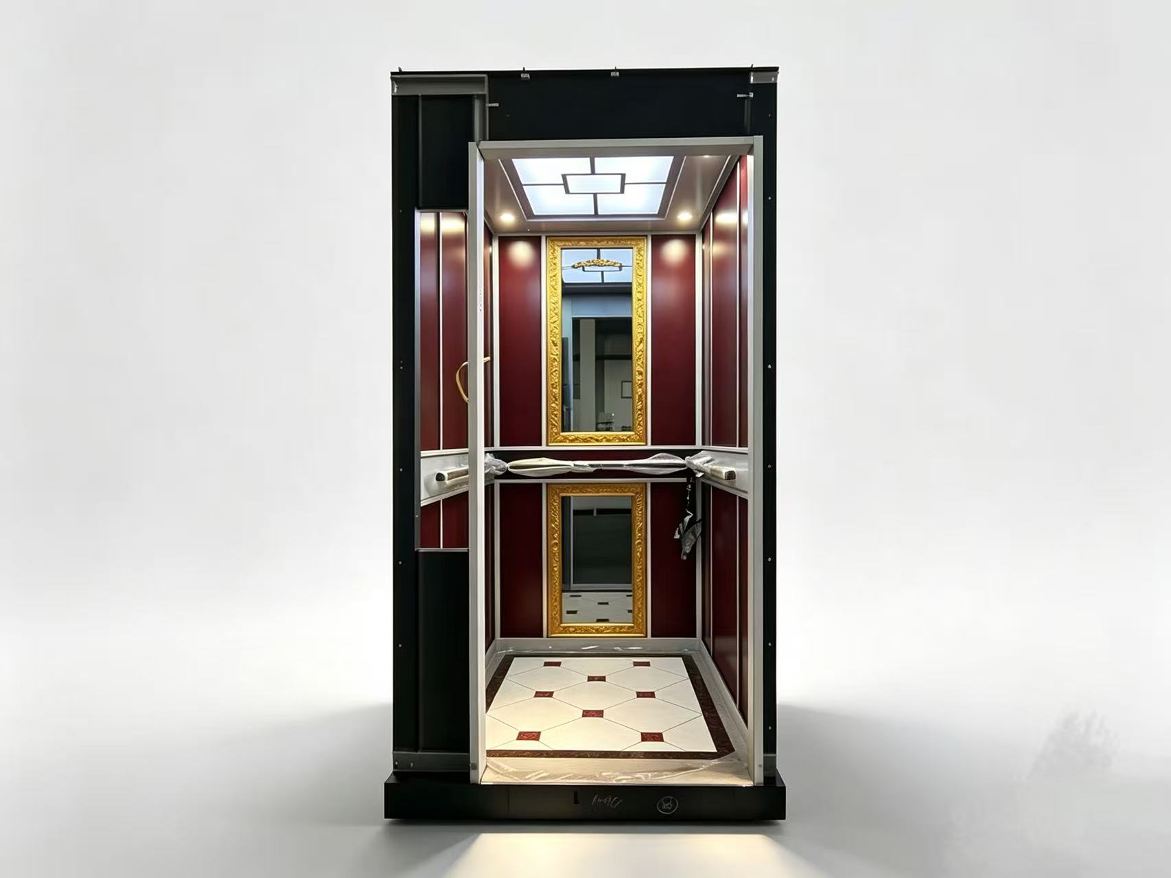 Burgundy and Gold Mirror Elevator Cabin