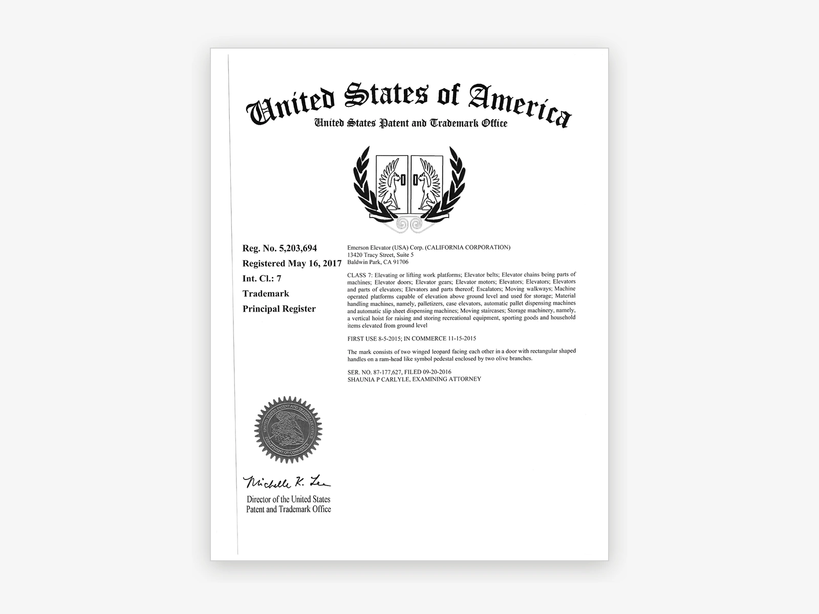 United States Patent Certificate I