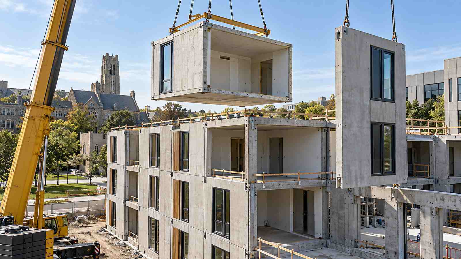 تُظهر قاعات كامبريدج كيف تدعم المنشآت سابقة الصب الإسكان الطلابي الذي يتطلب تنفيذًا سريعًا